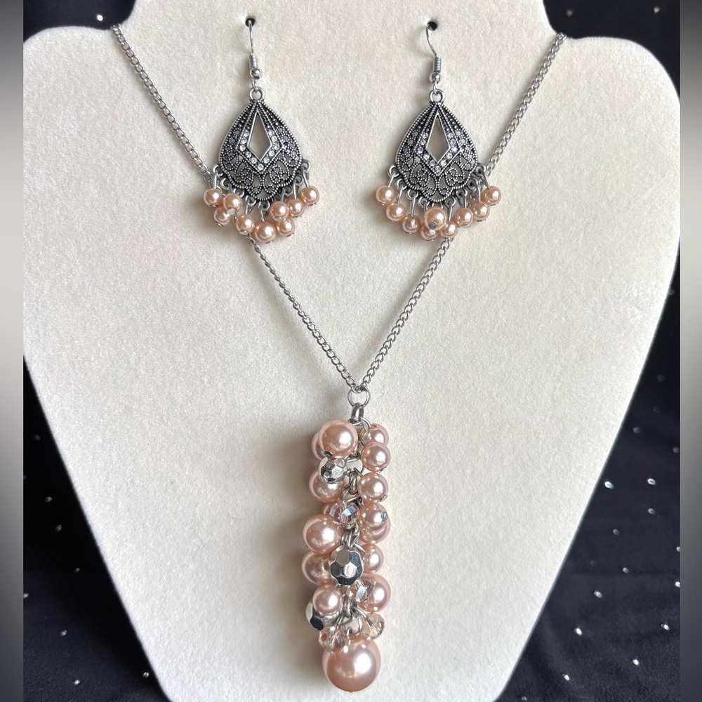 Peach Pearl Long Cluster Drop Necklace & Earrings Set